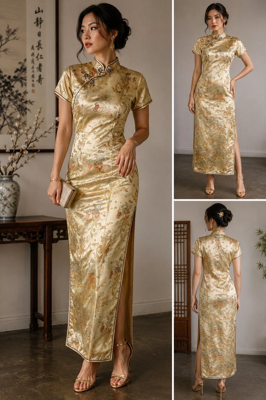 Vintage Laogudai Gold Brocade Cheongsam Qipao Maxi Dress Dragon Phoenix Sz 46